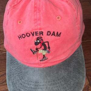 Vintage‎ Hoover Dam Embroidered Baseball Cap Red Gray Distressed Adjustable Hat